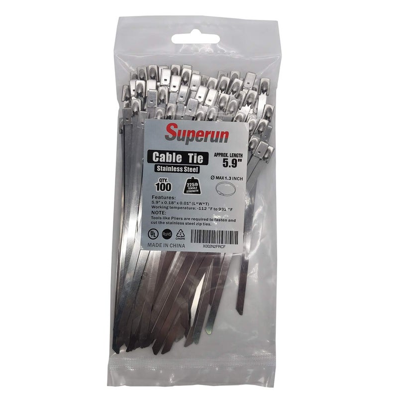Superun Metal Zip Ties 5.9 Inch Stainless Steel Cable Ties 225 LBS Strength Tie Wrap Heavy Duty Exhaust Wrap Pack of 100 pcs - Image 1
